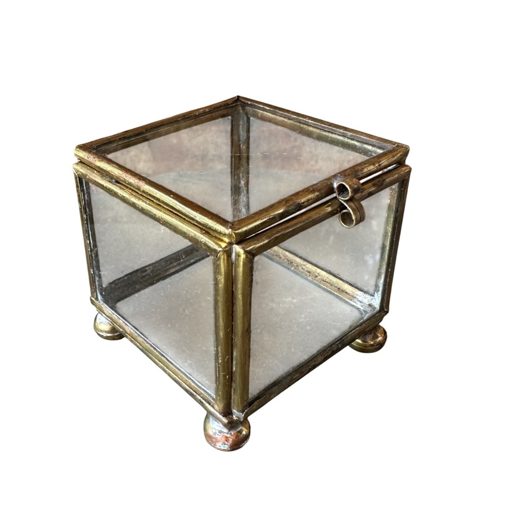 Vintage Brass and Glass Footed Square Trinket Jewelry Box Clear Display Case